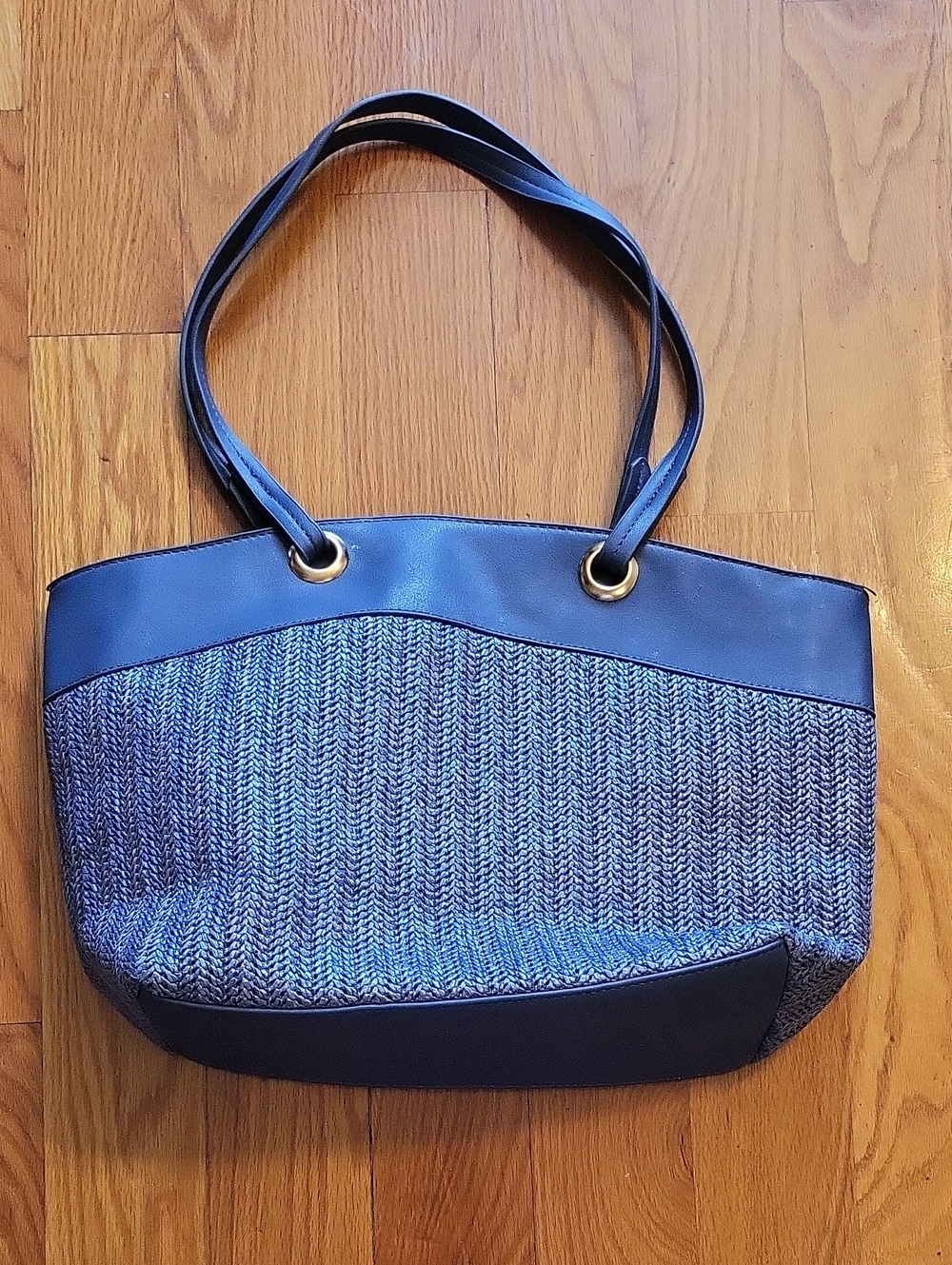 Navy Woven Tote with Gold Grommet Accents